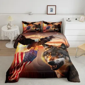 Manfei 3D Wolf Comforter Set Twin Size Eagle and American Flag Print Quilt Set Animal Theme Bedding Comforters 2pcs for Kids Boys Teens Room Decor, Sunset Landscape Duvet Insert with 1 Pillowcase
