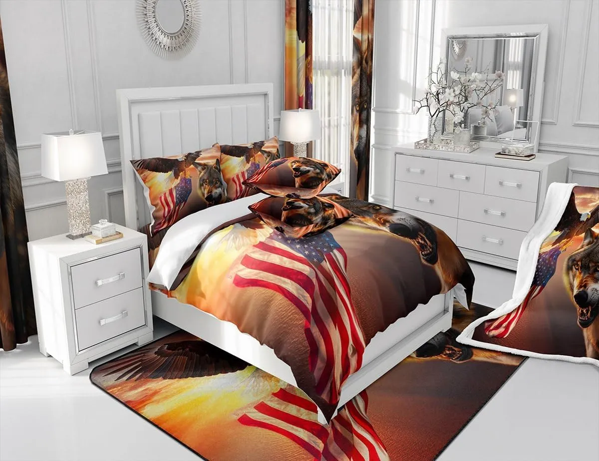 Manfei 3D Wolf Comforter Set Twin Size Eagle and American Flag Print Quilt Set Animal Theme Bedding Comforters 2pcs for Kids Boys Teens Room Decor, Sunset Landscape Duvet Insert with 1 Pillowcase