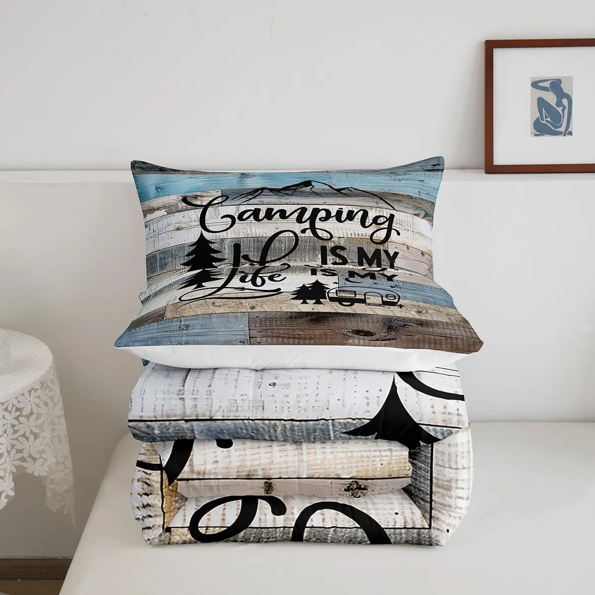Manfei Camping Comforter Set Queen Size, RV Trailers Camper Bedding Set for Kids Boys Girls Room Decor, Grey Blue Wooden Adventure Theme Down Comforter, Rustic Farmhouse Duvet Insert, 2 Pillowcases