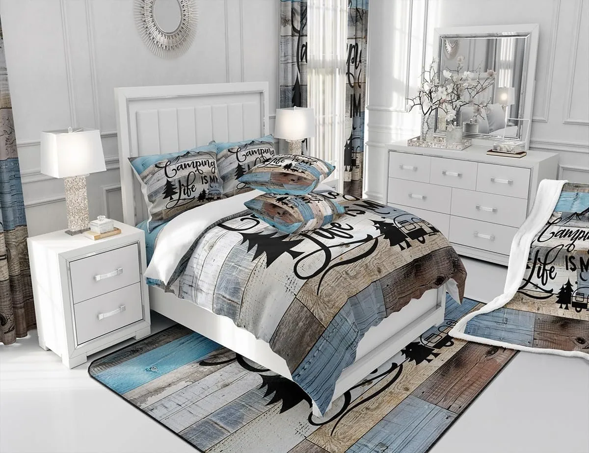 Manfei Camping Comforter Set Queen Size, RV Trailers Camper Bedding Set for Kids Boys Girls Room Decor, Grey Blue Wooden Adventure Theme Down Comforter, Rustic Farmhouse Duvet Insert, 2 Pillowcases