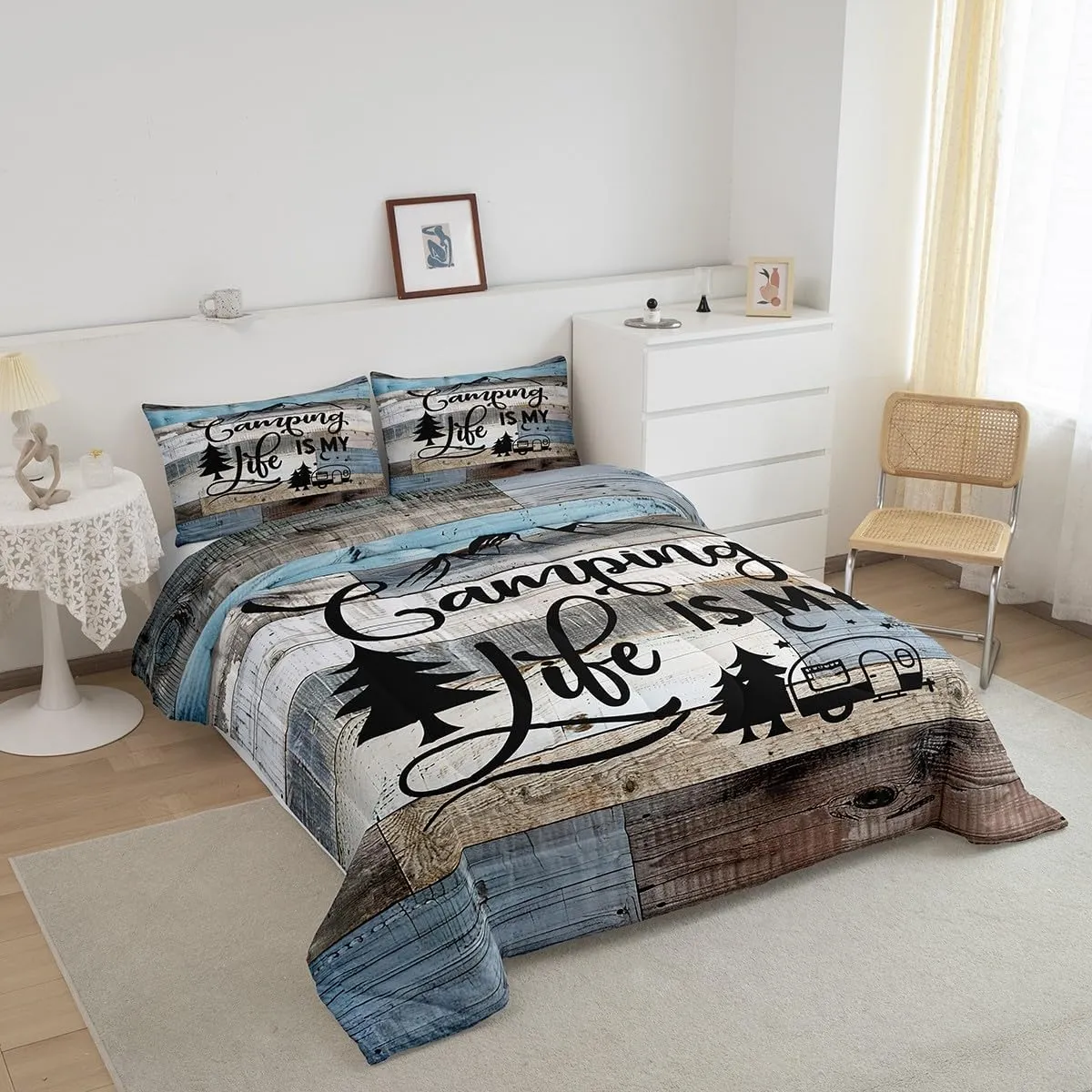 Manfei Camping Comforter Set Queen Size, RV Trailers Camper Bedding Set for Kids Boys Girls Room Decor, Grey Blue Wooden Adventure Theme Down Comforter, Rustic Farmhouse Duvet Insert, 2 Pillowcases