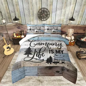 Manfei Camping Comforter Set Queen Size, RV Trailers Camper Bedding Set for Kids Boys Girls Room Decor, Grey Blue Wooden Adventure Theme Down Comforter, Rustic Farmhouse Duvet Insert, 2 Pillowcases