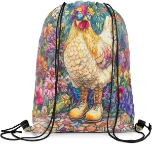 Manfei Colorful Chicken Drawstring Backpack 13"x16" Watercolor Flowers Outdoors Drawstring Sackpack for Gym Sports Boots Fashion Animal Waterproof Draw String Bag