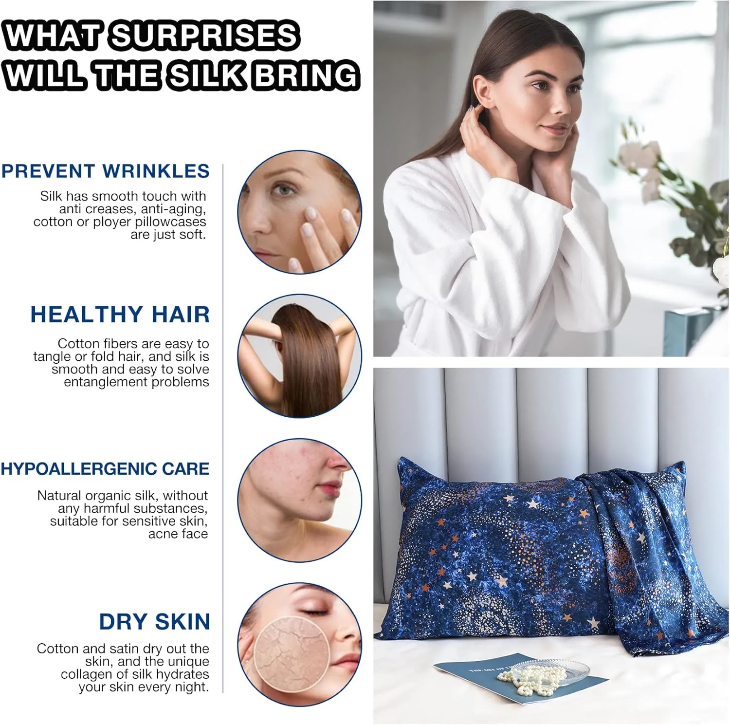 MANSPHIL Navy Blue Galaxy Printed Mulberry Silk Pillowcase Standard Size, Both Sided 22 Momme 100% Silk Pillow Cases Cover for Hair and Skin with Zipper Closure, 20" x 26"