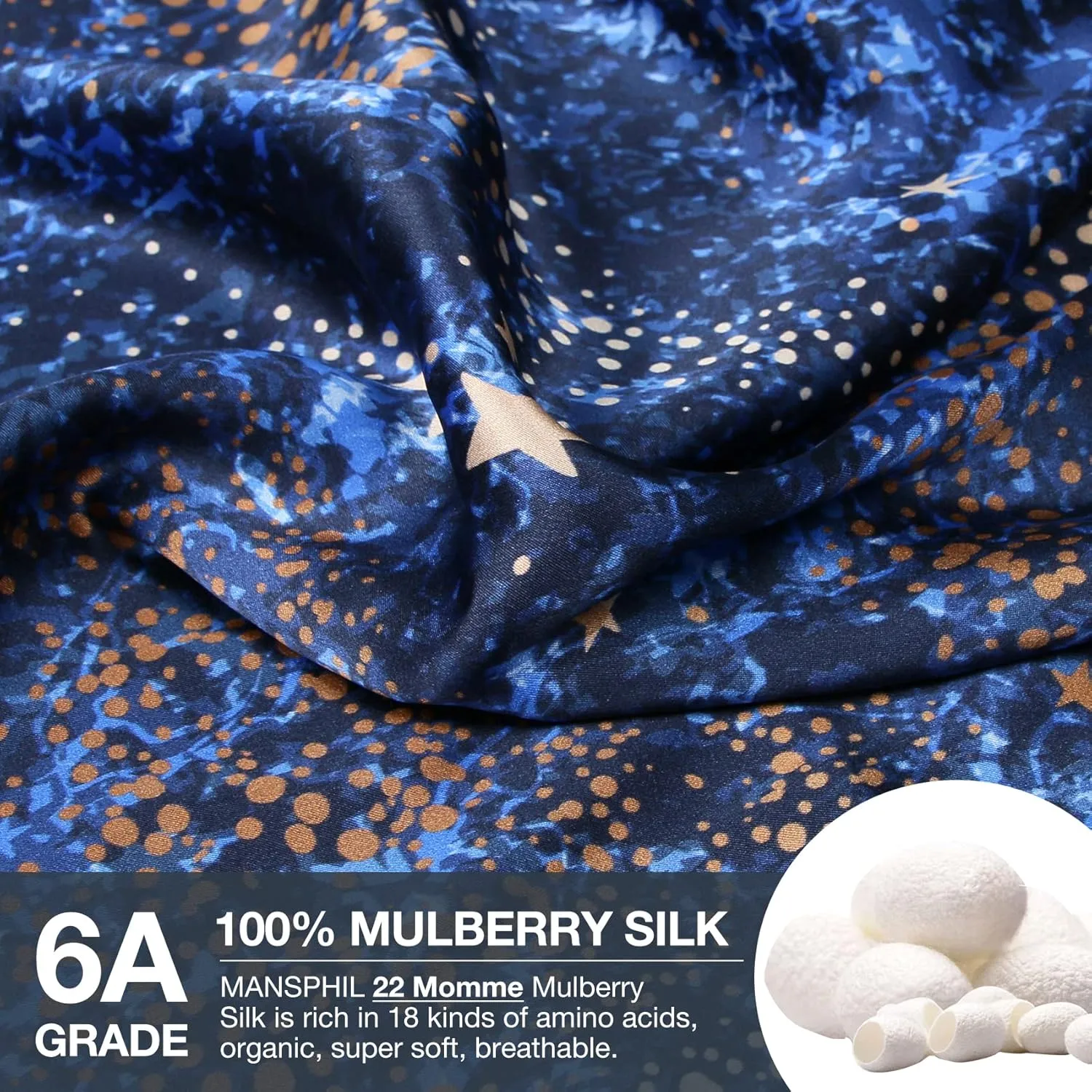 MANSPHIL Navy Blue Galaxy Printed Mulberry Silk Pillowcase Standard Size, Both Sided 22 Momme 100% Silk Pillow Cases Cover for Hair and Skin with Zipper Closure, 20" x 26"
