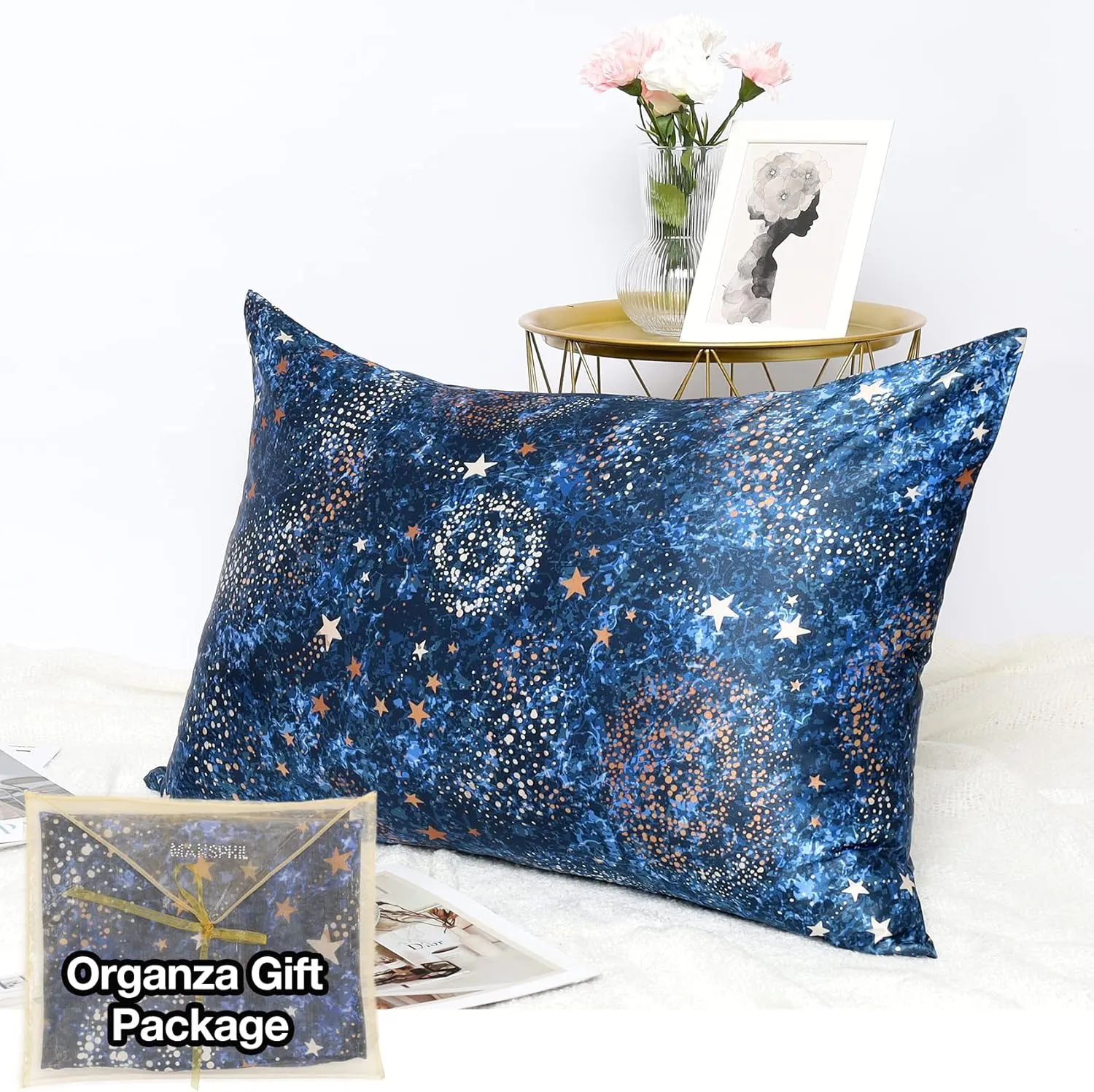 MANSPHIL Navy Blue Galaxy Printed Mulberry Silk Pillowcase Standard Size, Both Sided 22 Momme 100% Silk Pillow Cases Cover for Hair and Skin with Zipper Closure, 20" x 26"