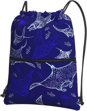 Manta Ray and Fish Print Drawstring Zipper Backpack â€“ Gym Drawstring Bag for Sports, Yoga, Dance, Travel, and More