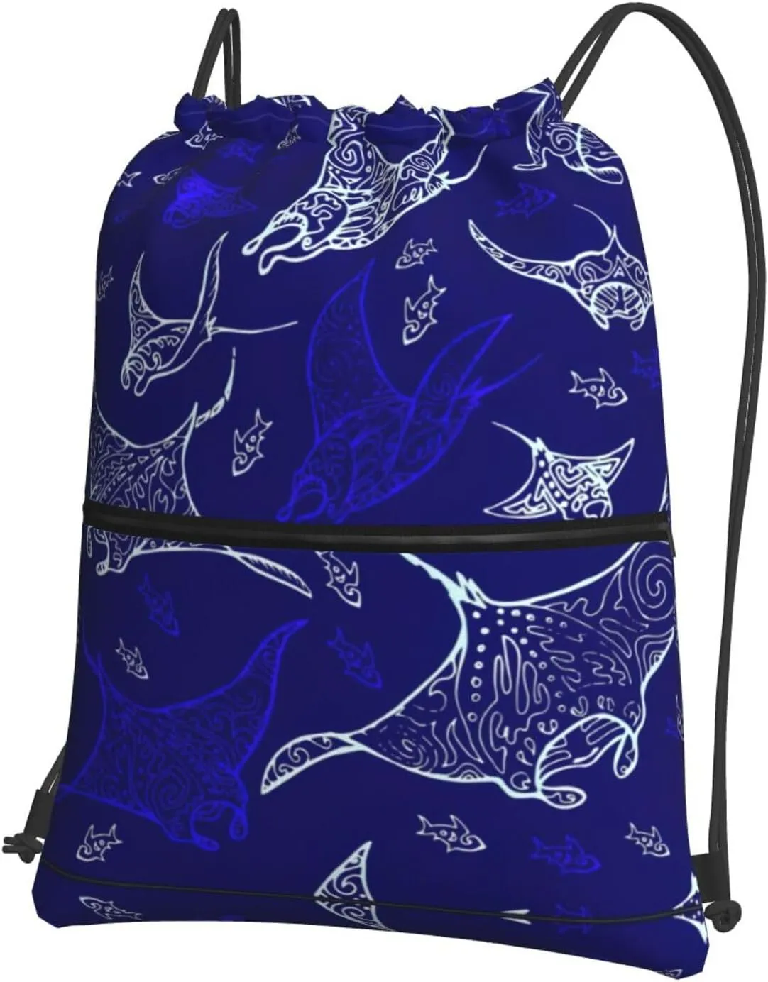 Manta Ray and Fish Print Drawstring Zipper Backpack â€“ Gym Drawstring Bag for Sports, Yoga, Dance, Travel, and More