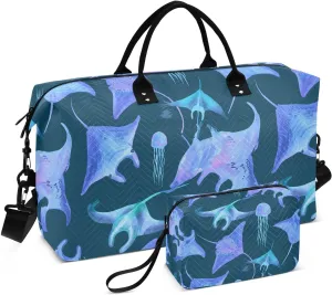 Manta Ray Jellyfish Teal Blue Sports Gym Bag for Women Men Travel Duffel Bag Weekend Overnight Carry on Bag with Toiletry Bag Air Travel Bag for Yoga Workout Swimming Hospital Plane