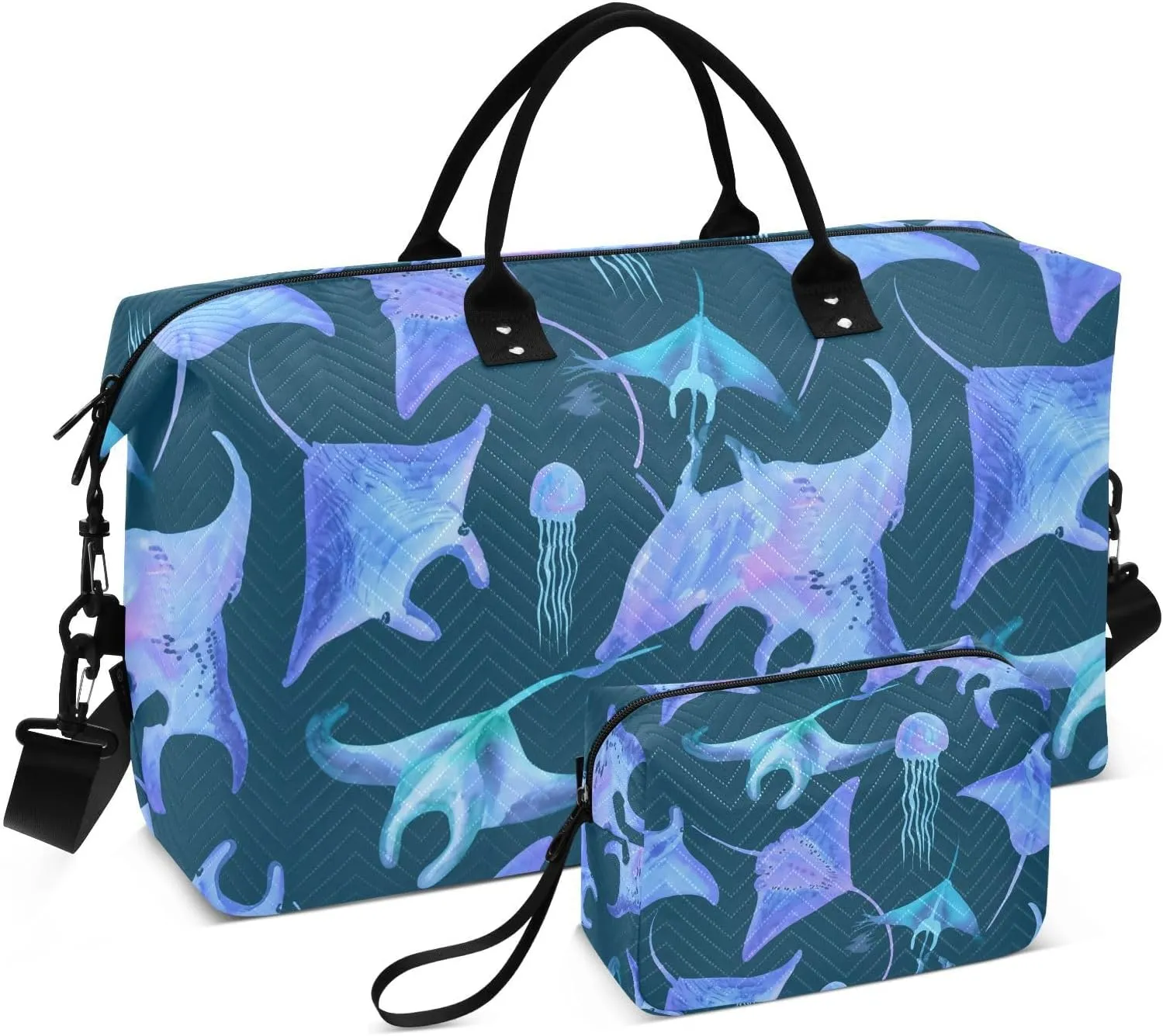 Manta Ray Jellyfish Teal Blue Sports Gym Bag for Women Men Travel Duffel Bag Weekend Overnight Carry on Bag with Toiletry Bag Air Travel Bag for Yoga Workout Swimming Hospital Plane