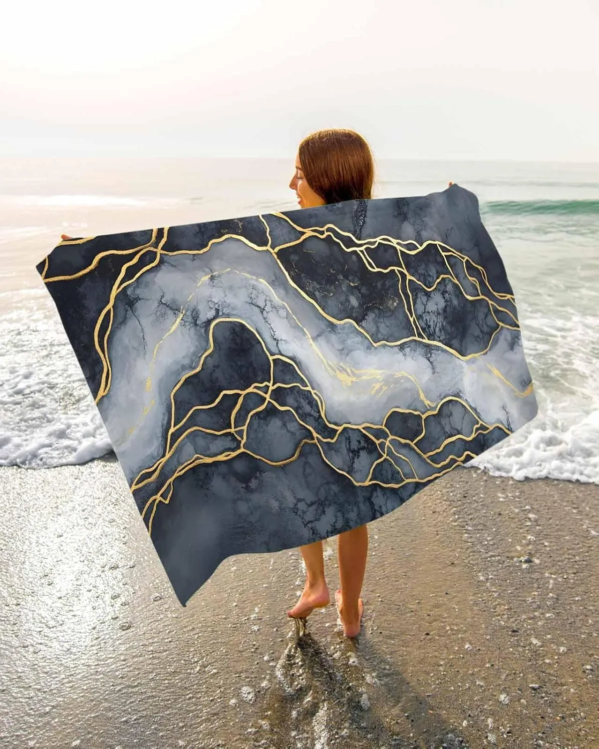 Marble Beach Towels Oversized Super Absorbent, Navy Blue Modern Luxury Gold Texture Lightweight Bath Towel Quick Dry Sets for Bathroom/Pool/Rv Camping/Beach Play/Gym Room/Picnic 35"x70"