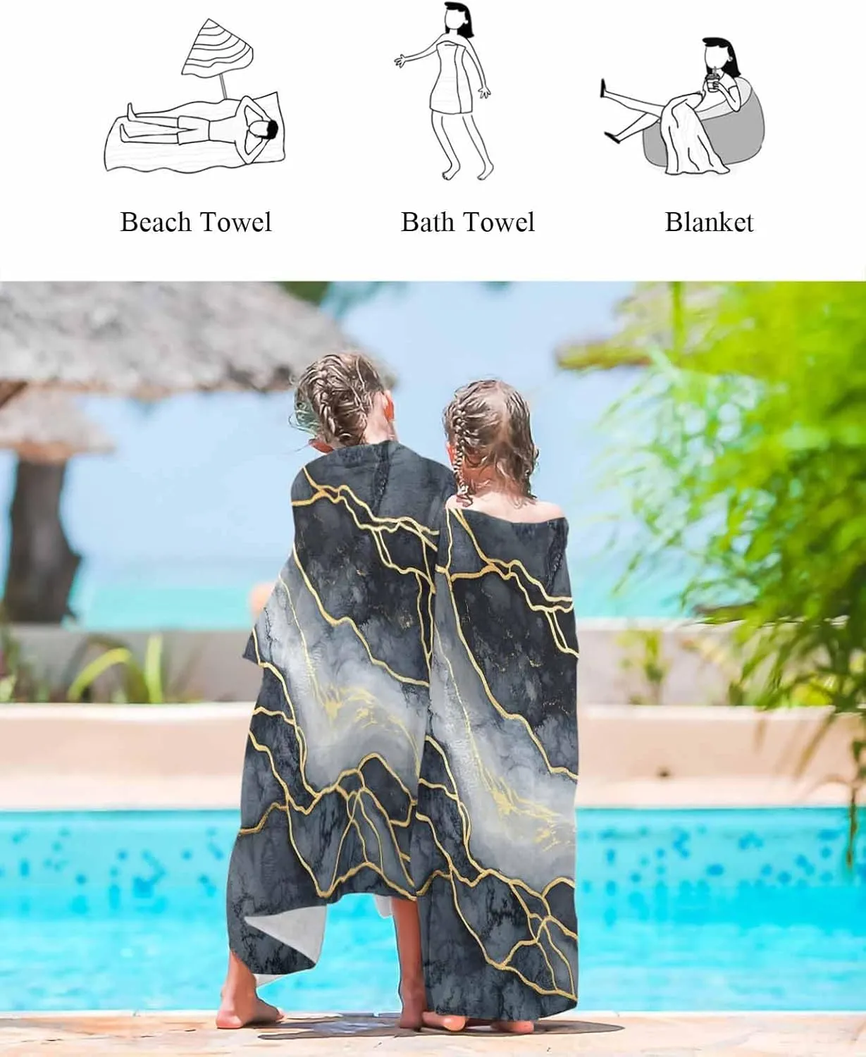 Marble Beach Towels Oversized Super Absorbent, Navy Blue Modern Luxury Gold Texture Lightweight Bath Towel Quick Dry Sets for Bathroom/Pool/Rv Camping/Beach Play/Gym Room/Picnic 35"x70"