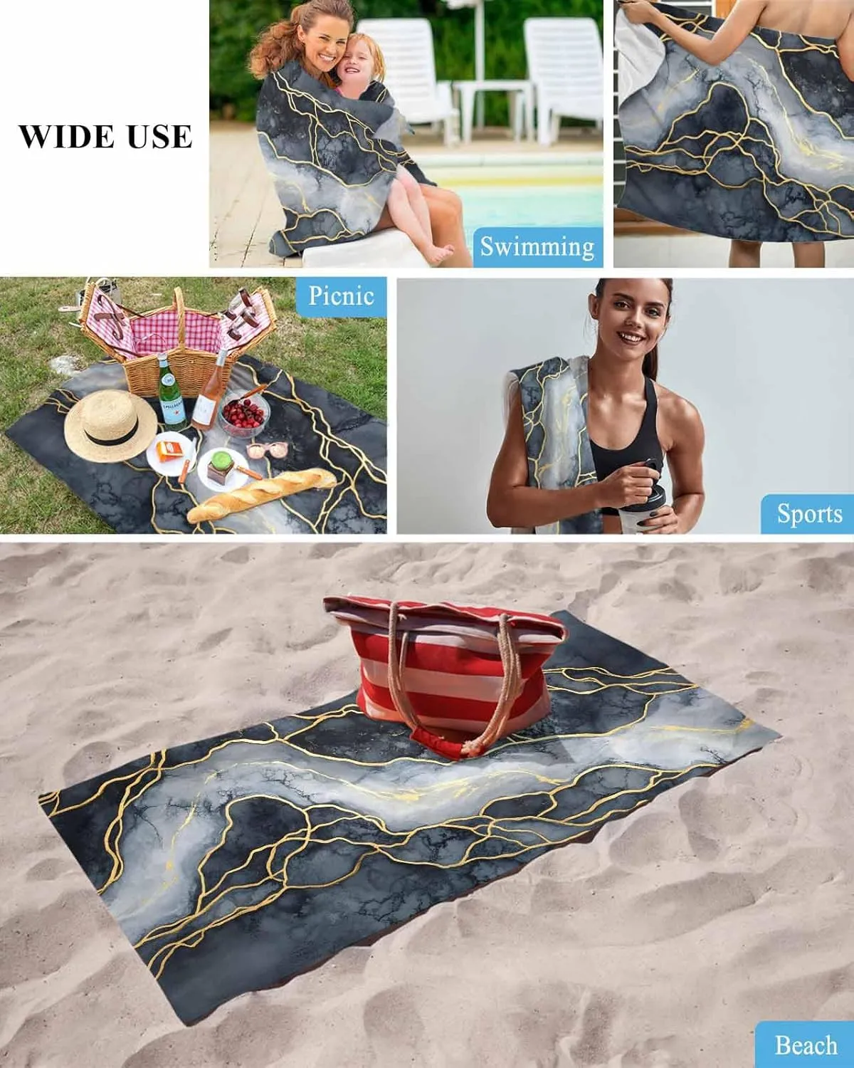 Marble Beach Towels Oversized Super Absorbent, Navy Blue Modern Luxury Gold Texture Lightweight Bath Towel Quick Dry Sets for Bathroom/Pool/Rv Camping/Beach Play/Gym Room/Picnic 35"x70"