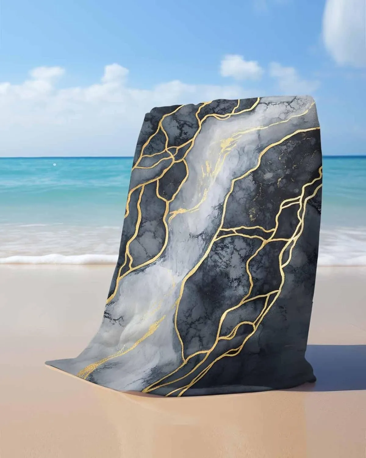 Marble Beach Towels Oversized Super Absorbent, Navy Blue Modern Luxury Gold Texture Lightweight Bath Towel Quick Dry Sets for Bathroom/Pool/Rv Camping/Beach Play/Gym Room/Picnic 35"x70"