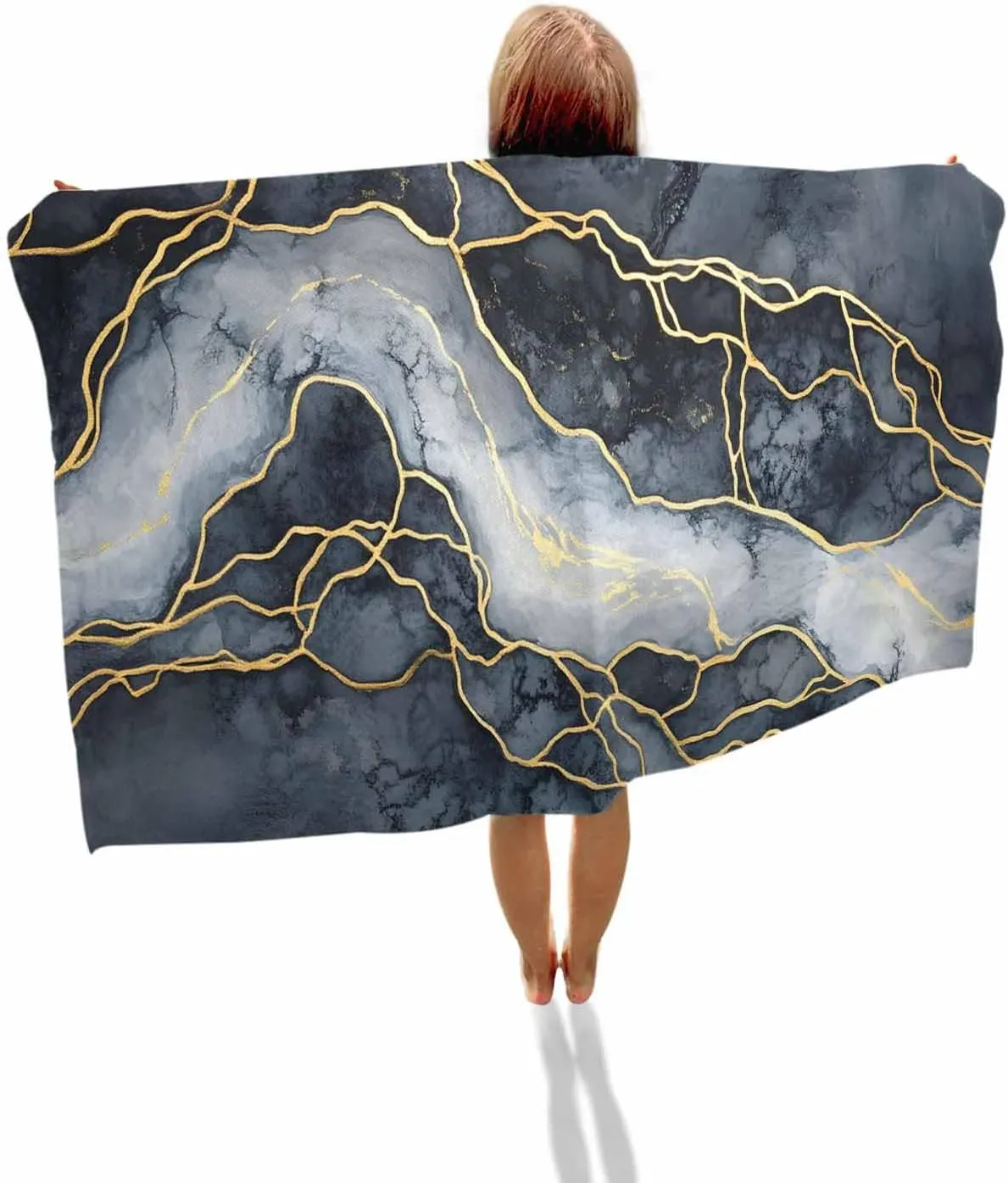 Marble Beach Towels Oversized Super Absorbent, Navy Blue Modern Luxury Gold Texture Lightweight Bath Towel Quick Dry Sets for Bathroom/Pool/Rv Camping/Beach Play/Gym Room/Picnic 35"x70"