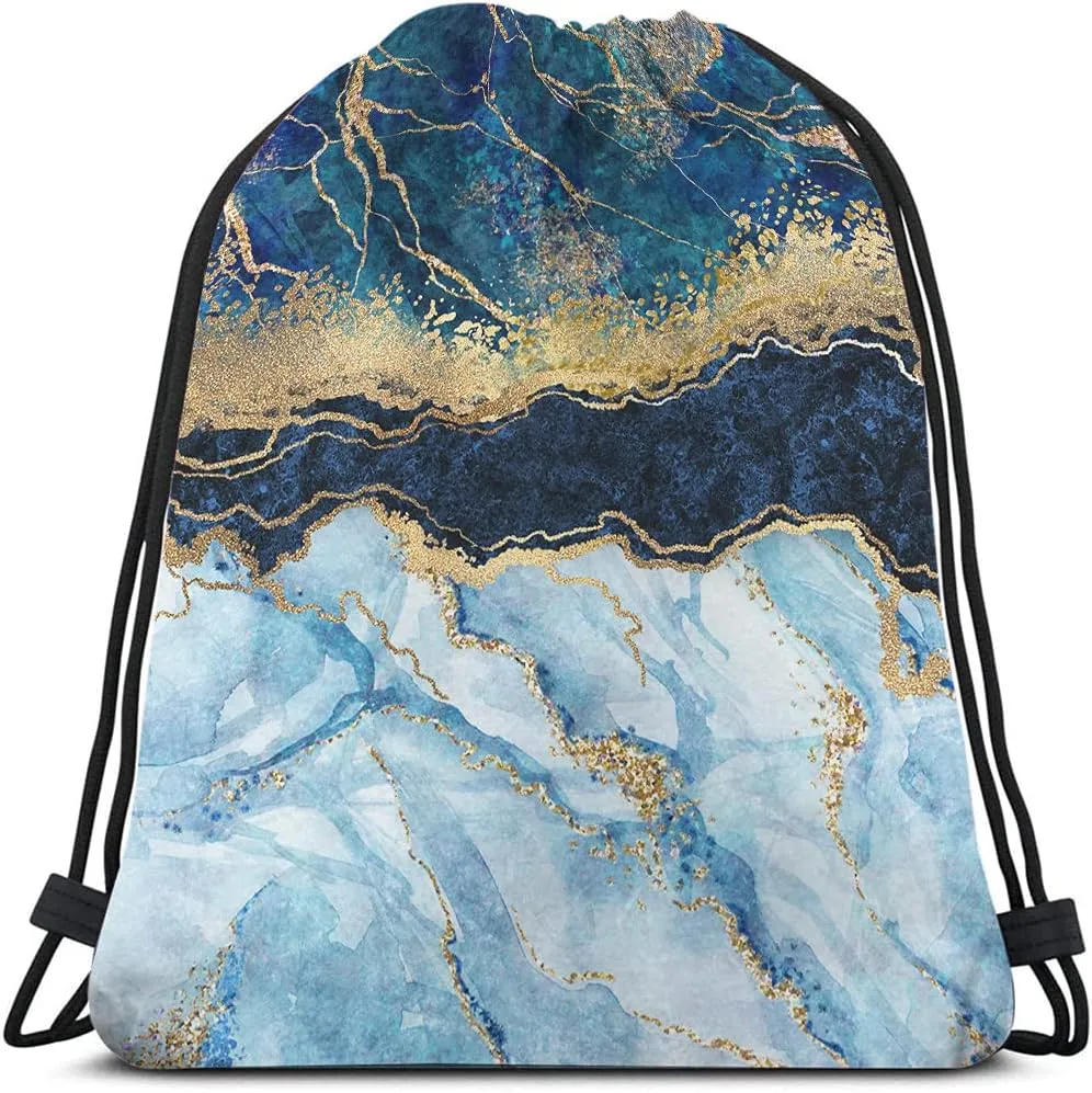 Marbled Blue Drawstring Bags Backpack Bag Golden Abstract Liquid Paint Art Marble Texture Luxury Pattern Sport Gym Sack Drawstring Bag String Bag Yoga Bag for Men Women