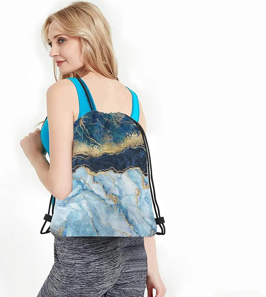 Marbled Blue Drawstring Bags Backpack Bag Golden Abstract Liquid Paint Art Marble Texture Luxury Pattern Sport Gym Sack Drawstring Bag String Bag Yoga Bag for Men Women