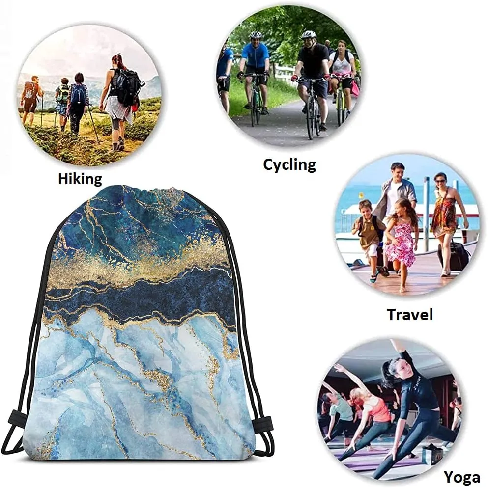 Marbled Blue Drawstring Bags Backpack Bag Golden Abstract Liquid Paint Art Marble Texture Luxury Pattern Sport Gym Sack Drawstring Bag String Bag Yoga Bag for Men Women