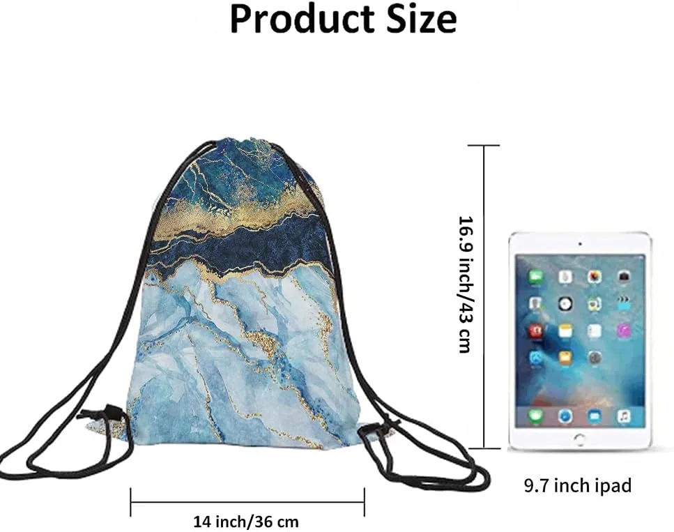 Marbled Blue Drawstring Bags Backpack Bag Golden Abstract Liquid Paint Art Marble Texture Luxury Pattern Sport Gym Sack Drawstring Bag String Bag Yoga Bag for Men Women