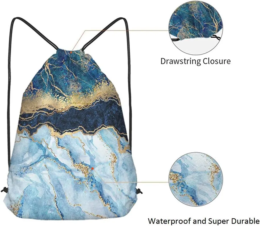 Marbled Blue Drawstring Bags Backpack Bag Golden Abstract Liquid Paint Art Marble Texture Luxury Pattern Sport Gym Sack Drawstring Bag String Bag Yoga Bag for Men Women
