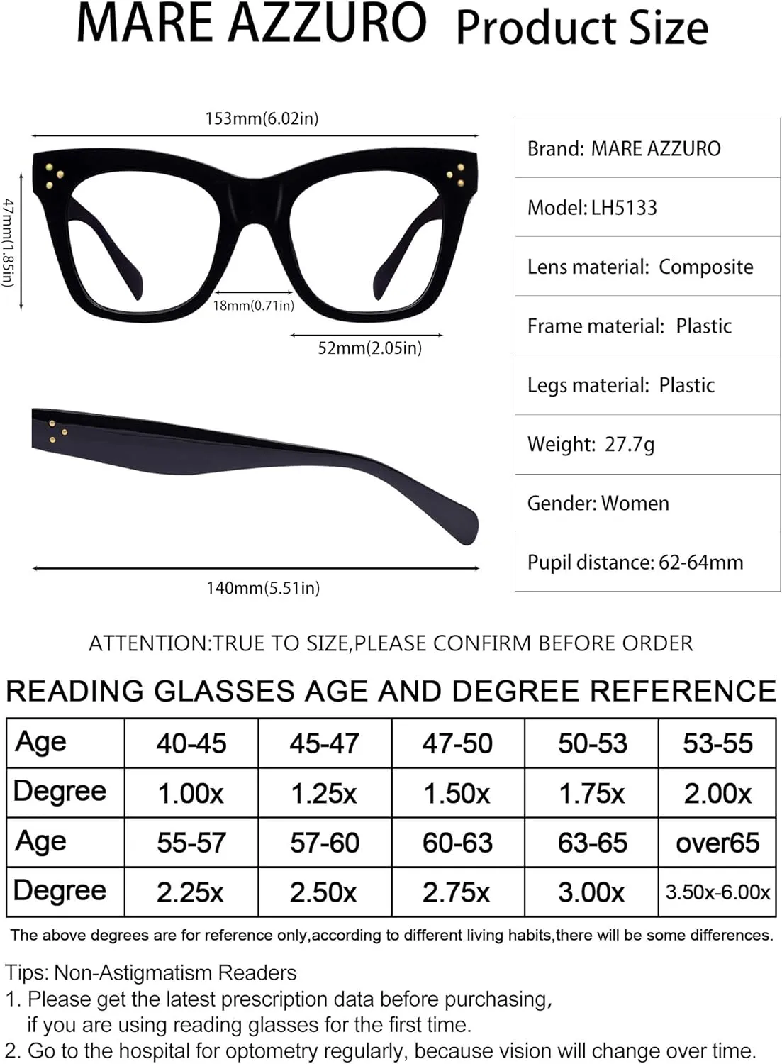 MARE AZZURO Oversized Reading Glasses Women Trendy Large Readers 0 1.0 1.25 1.5 1.75 2.0 2.25 2.5 2.75 3.0 3.5 4.0 5.0 6.0 (Black, 200)