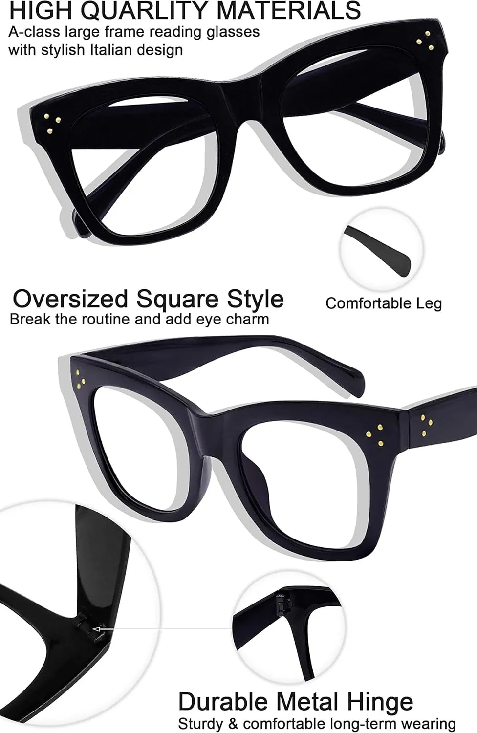 MARE AZZURO Oversized Reading Glasses Women Trendy Large Readers 0 1.0 1.25 1.5 1.75 2.0 2.25 2.5 2.75 3.0 3.5 4.0 5.0 6.0 (Black, 200)