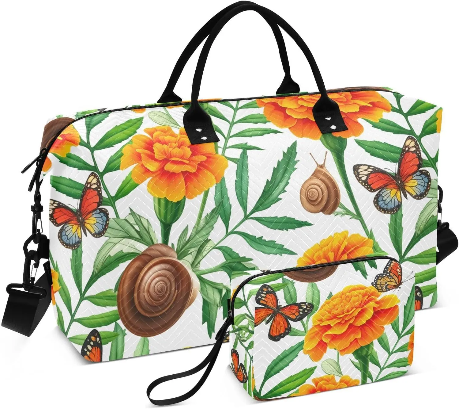 Marigold Snail Floral White Sports Gym Bag for Women Men Travel Duffel Bag Weekend Overnight Carry on Bag with Toiletry Bag Air Travel Bag for Swimming Yoga Workout Plane Hospital