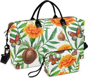 Marigold Snail Floral White Sports Gym Bag for Women Men Travel Duffel Bag Weekend Overnight Carry on Bag with Toiletry Bag Air Travel Bag for Swimming Yoga Workout Plane Hospital
