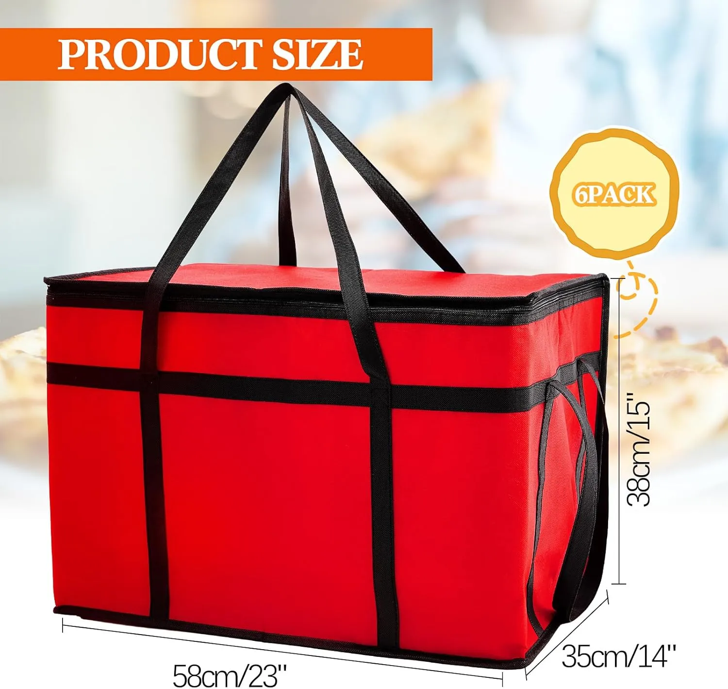 Maxcheck Insulated Food Delivery Bag XXXL Large Capacity Hot Cold Grocery Tote Bag Reusable Warming Cooler Pizza Catering Carrier for Commercial Travel Lunch Shopping Gifts(Red,6)