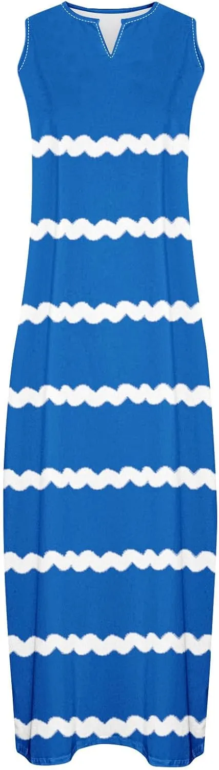 Maxi Dresses for Women Trendy 2024 Sleeveless Striped Print Beach Vacation Long Sundress Causal Party Prom Dress