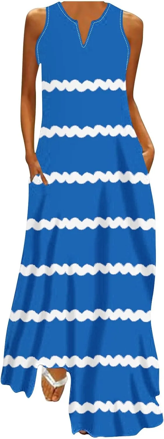 Maxi Dresses for Women Trendy 2024 Sleeveless Striped Print Beach Vacation Long Sundress Causal Party Prom Dress