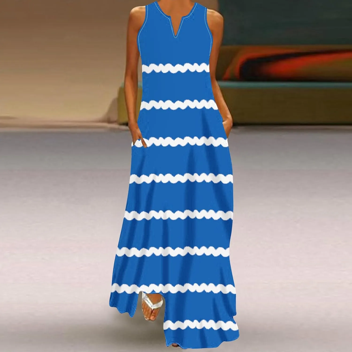 Maxi Dresses for Women Trendy 2024 Sleeveless Striped Print Beach Vacation Long Sundress Causal Party Prom Dress