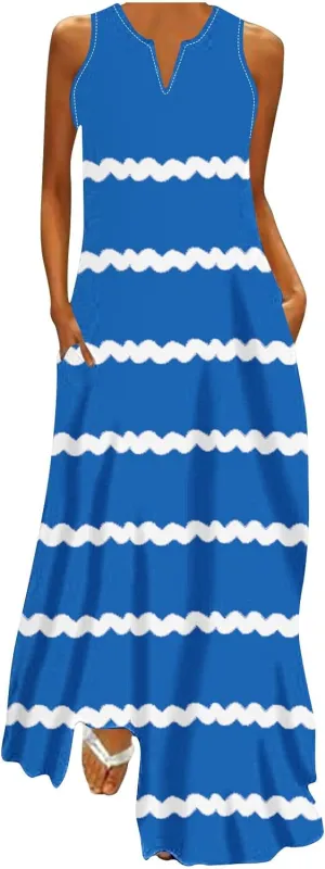 Maxi Dresses for Women Trendy 2024 Sleeveless Striped Print Beach Vacation Long Sundress Causal Party Prom Dress