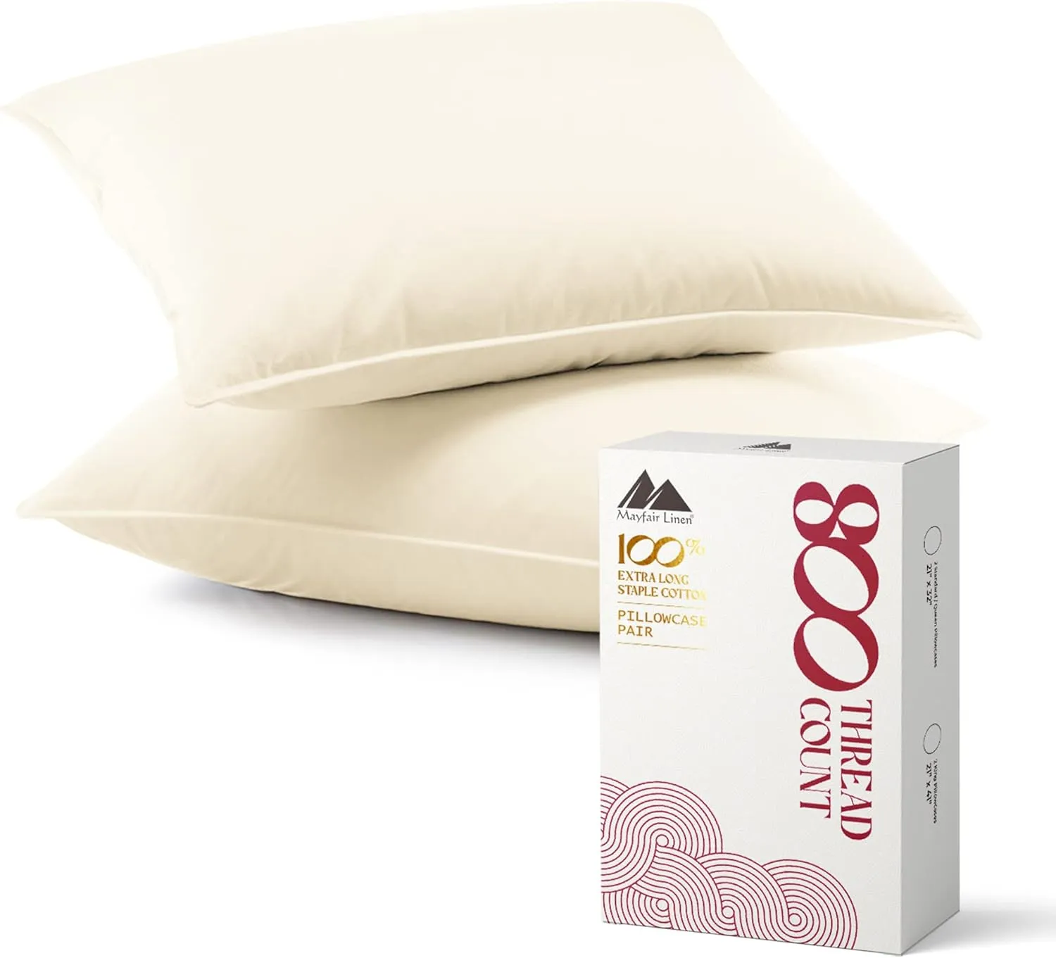 MAYFAIR LINEN 100% Egyptian Cotton Pillow Cases - 800 Thread Count Pillow Cases Queen/Standard Size Set of 2, Soft & Breathable Extra Long Staple Sateen Weave Cotton Pillow Covers for Bed - Ivory