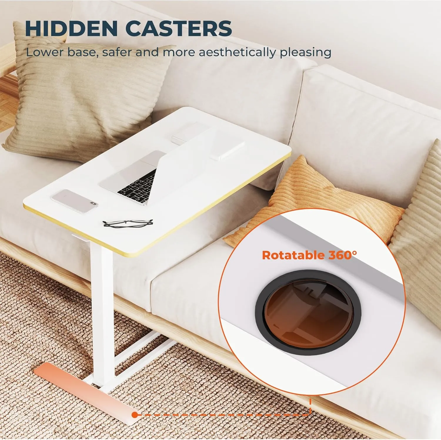 Medical Overbed Adjustable Bedside Table with Hidden Casters, Pneumatic Mobile Rolling Laptop Standing Desk with Tray for Home and Hospital Use, White