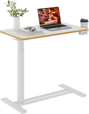 Medical Overbed Adjustable Bedside Table with Hidden Casters, Pneumatic Mobile Rolling Laptop Standing Desk with Tray for Home and Hospital Use, White