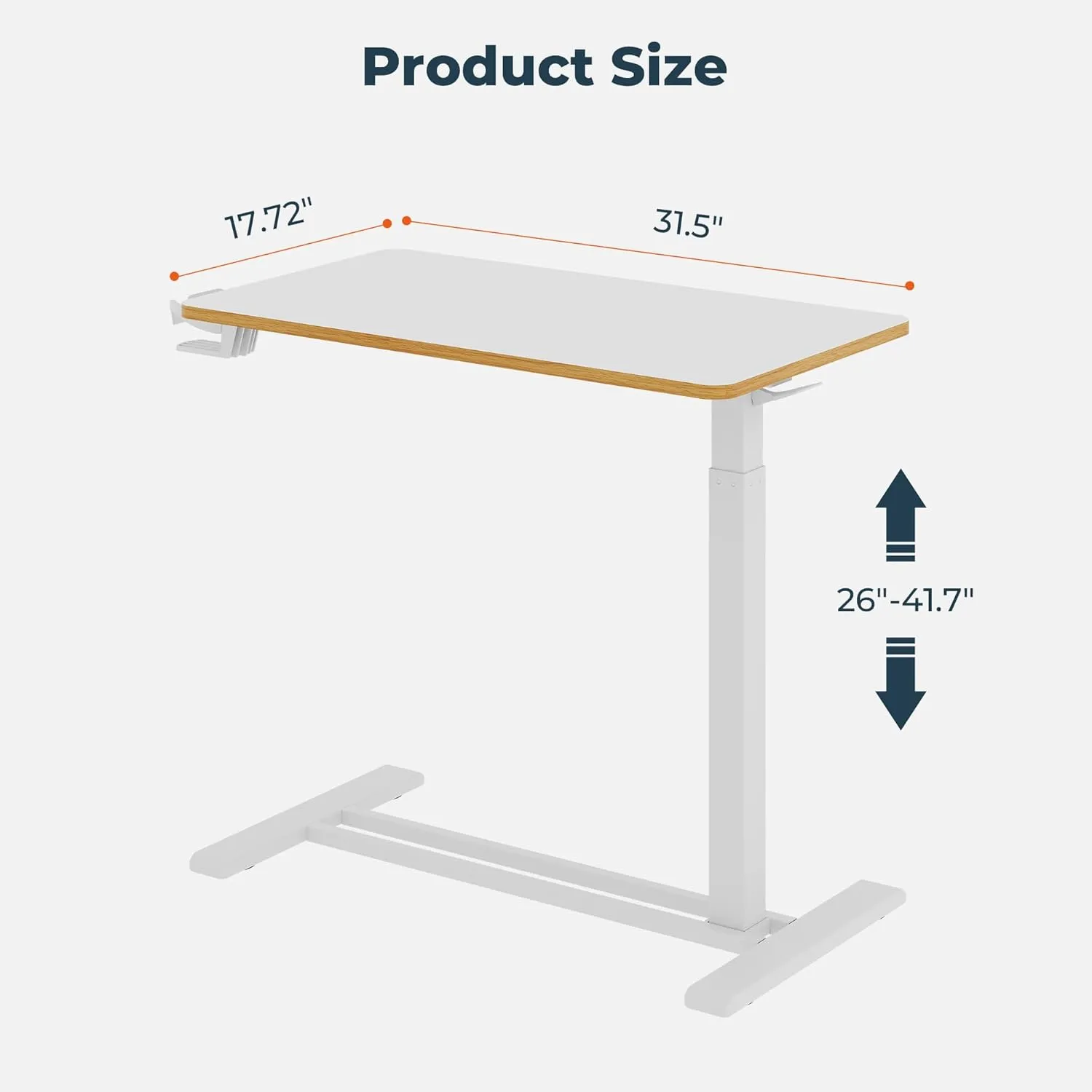 Medical Overbed Adjustable Bedside Table with Hidden Casters, Pneumatic Mobile Rolling Laptop Standing Desk with Tray for Home and Hospital Use, White