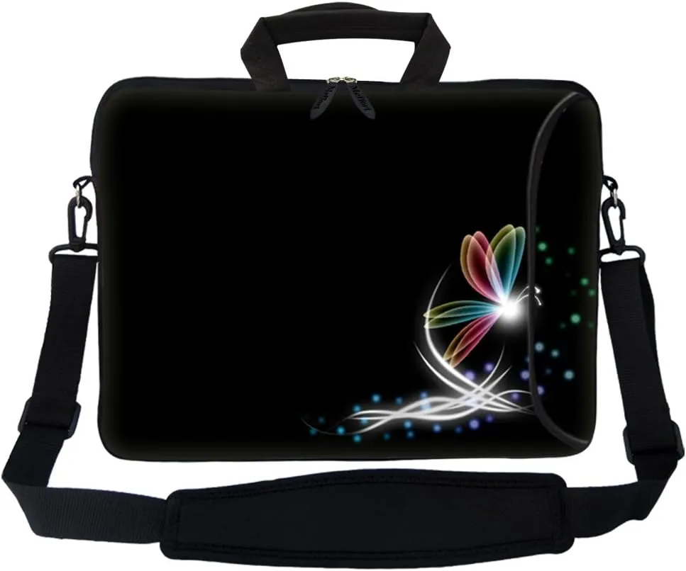Meffort Inc 17 Inch Neoprene Laptop Bag with Extra Side Pocket, Soft Carrying Handle & Removable Shoulder Strap Fit 16" to 17.3" Size - Butterfly in the Corner