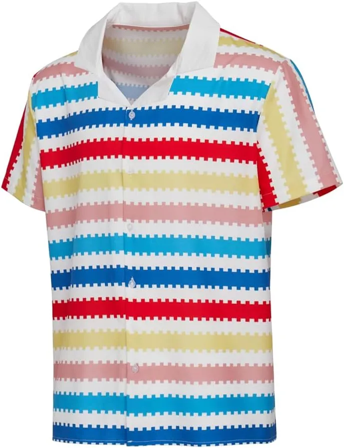 MelangCos Allan Costume Shirt Men's 80s Button Down Striped Beach Shirts Hawaiian Short Sleeves
