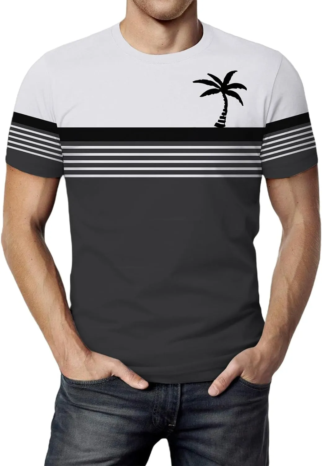 Men Coconut Tree Print Tops Hawaiian Shirts Short Sleeve Button Down Striped Shirt Summer Beach Relax Tropical Tees