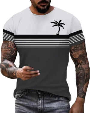 Men Coconut Tree Print Tops Hawaiian Shirts Short Sleeve Button Down Striped Shirt Summer Beach Relax Tropical Tees