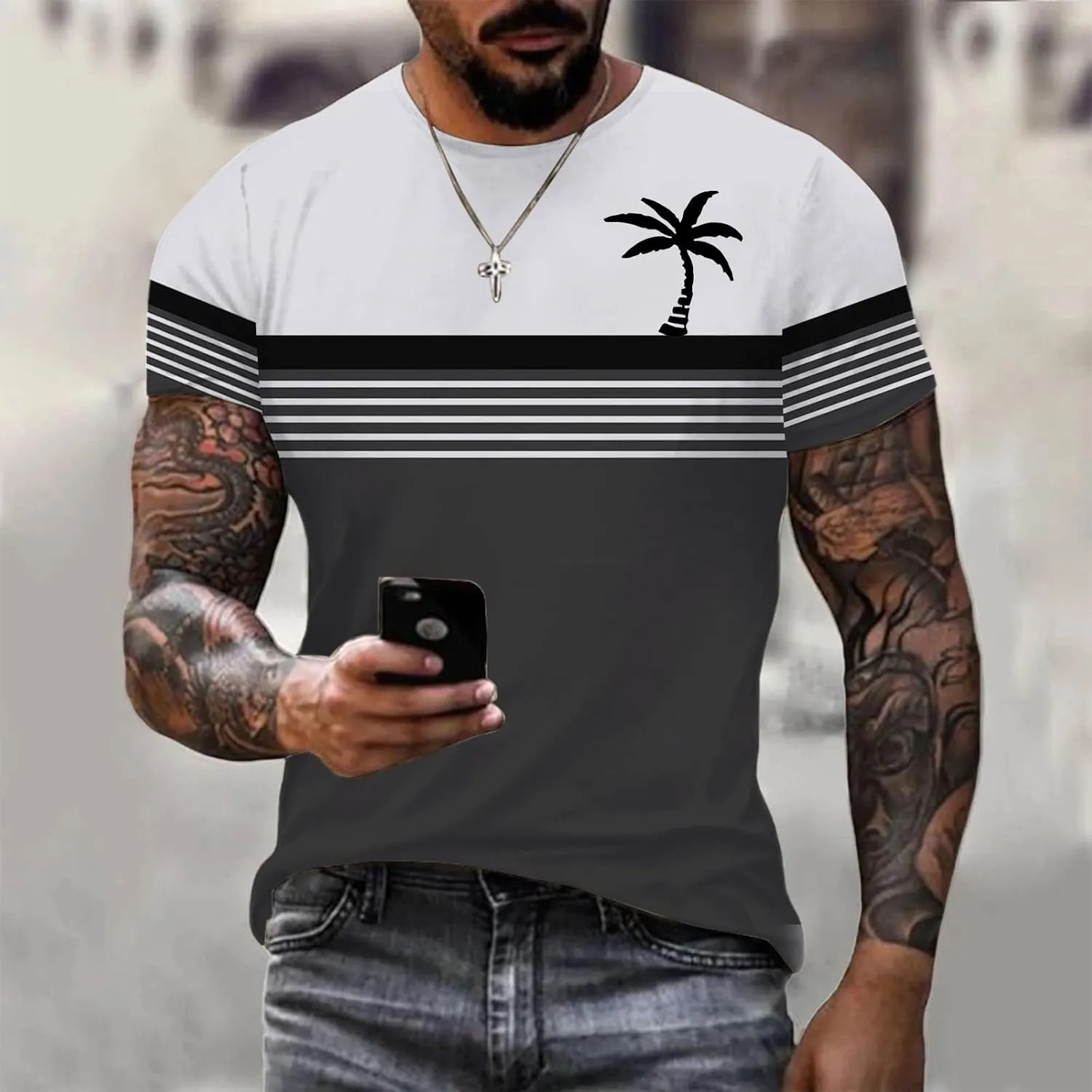 Men Coconut Tree Print Tops Hawaiian Shirts Short Sleeve Button Down Striped Shirt Summer Beach Relax Tropical Tees