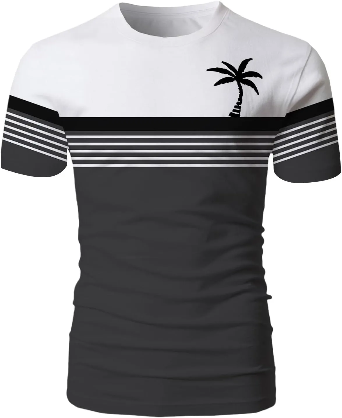 Men Coconut Tree Print Tops Hawaiian Shirts Short Sleeve Button Down Striped Shirt Summer Beach Relax Tropical Tees