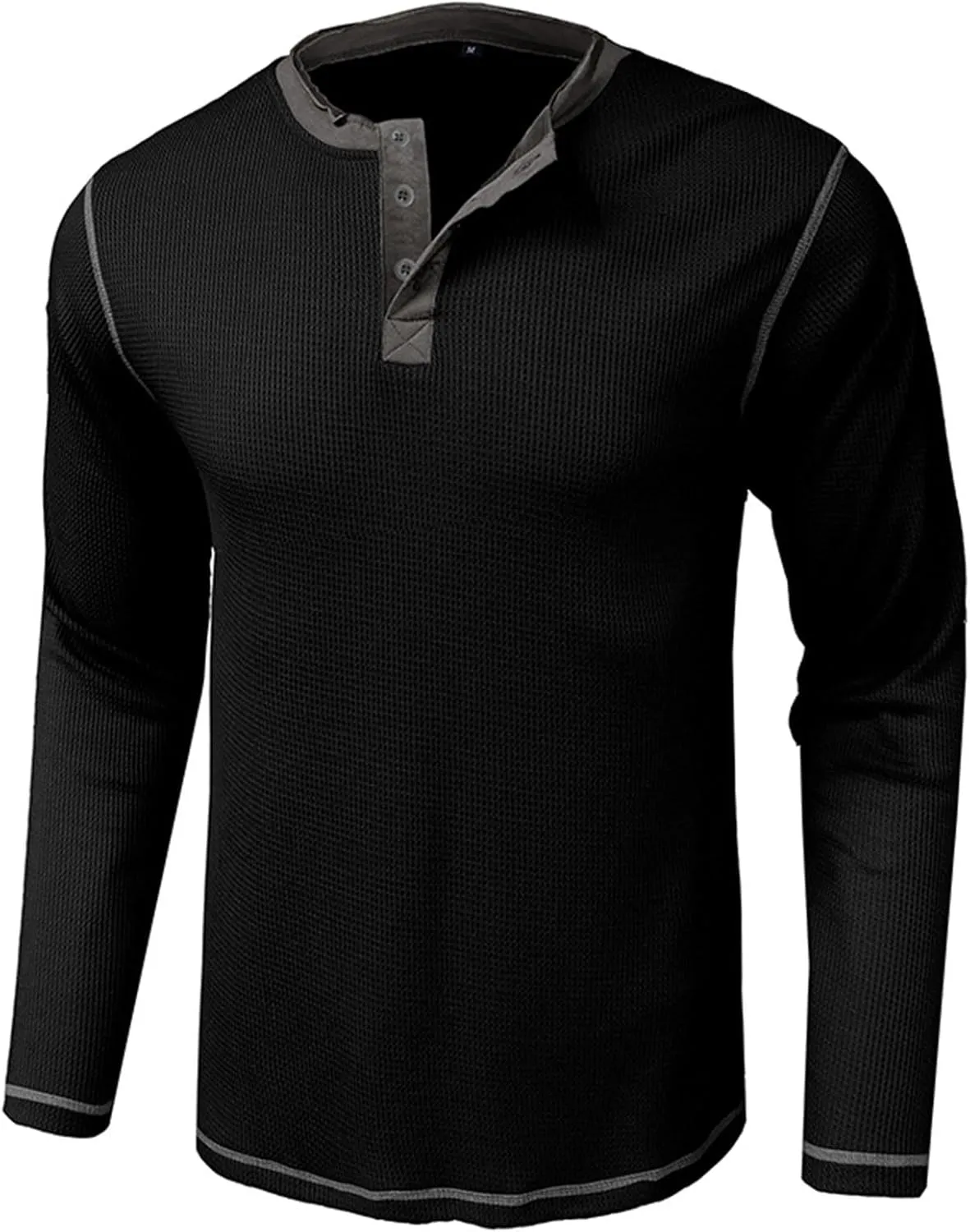 Men Waffle Knit Shirts 1/4 Button Long Sleeve Casual T-Shirts Solid Color Lightweight Loose Fit Shirt