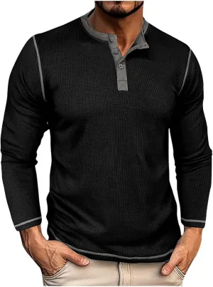 Men Waffle Knit Shirts 1/4 Button Long Sleeve Casual T-Shirts Solid Color Lightweight Loose Fit Shirt