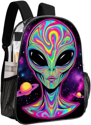 Men Women Transparent Alien And Ufo Space Universe Art Daypack Big Capacity Shoulder Bag With Smooth Zippers for Hiking Work Walking Cycling