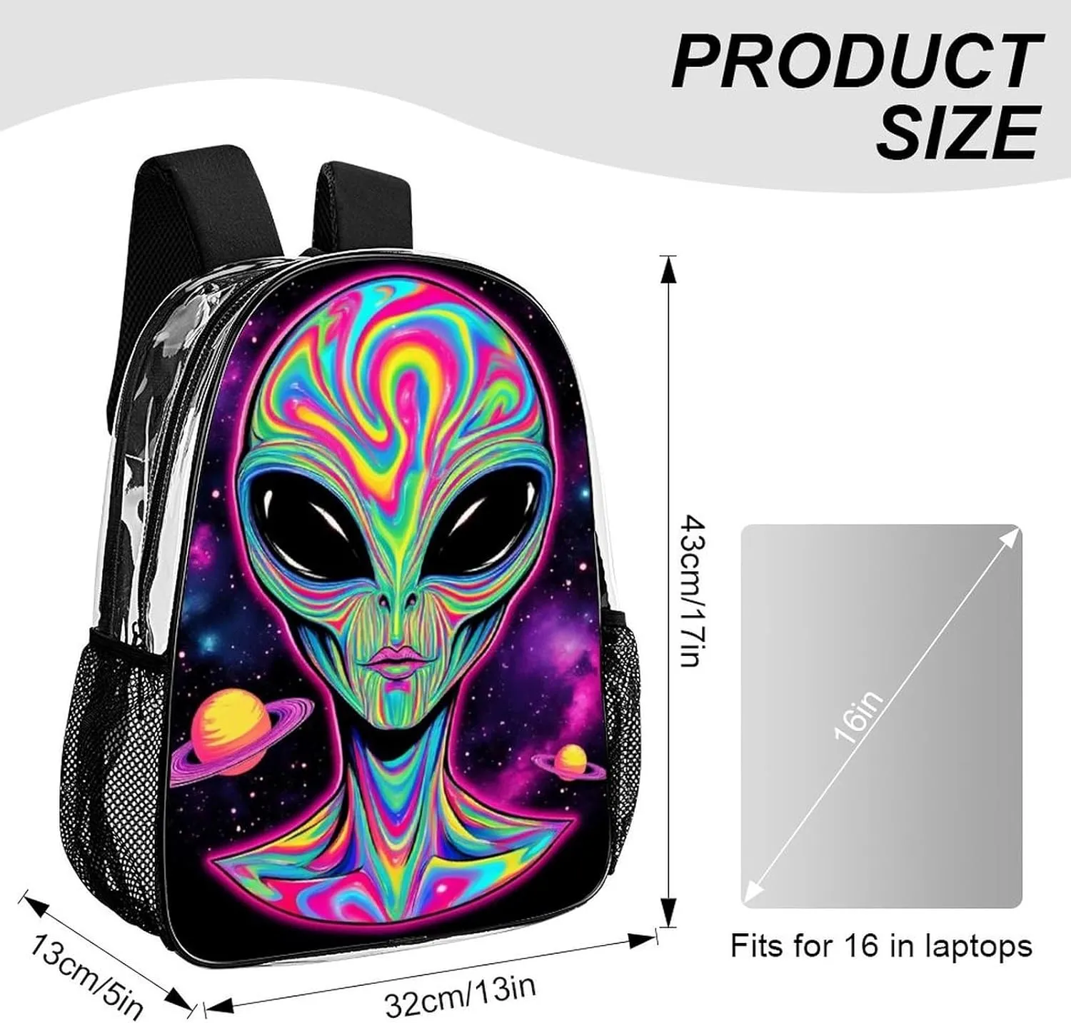 Men Women Transparent Alien And Ufo Space Universe Art Daypack Big Capacity Shoulder Bag With Smooth Zippers for Hiking Work Walking Cycling