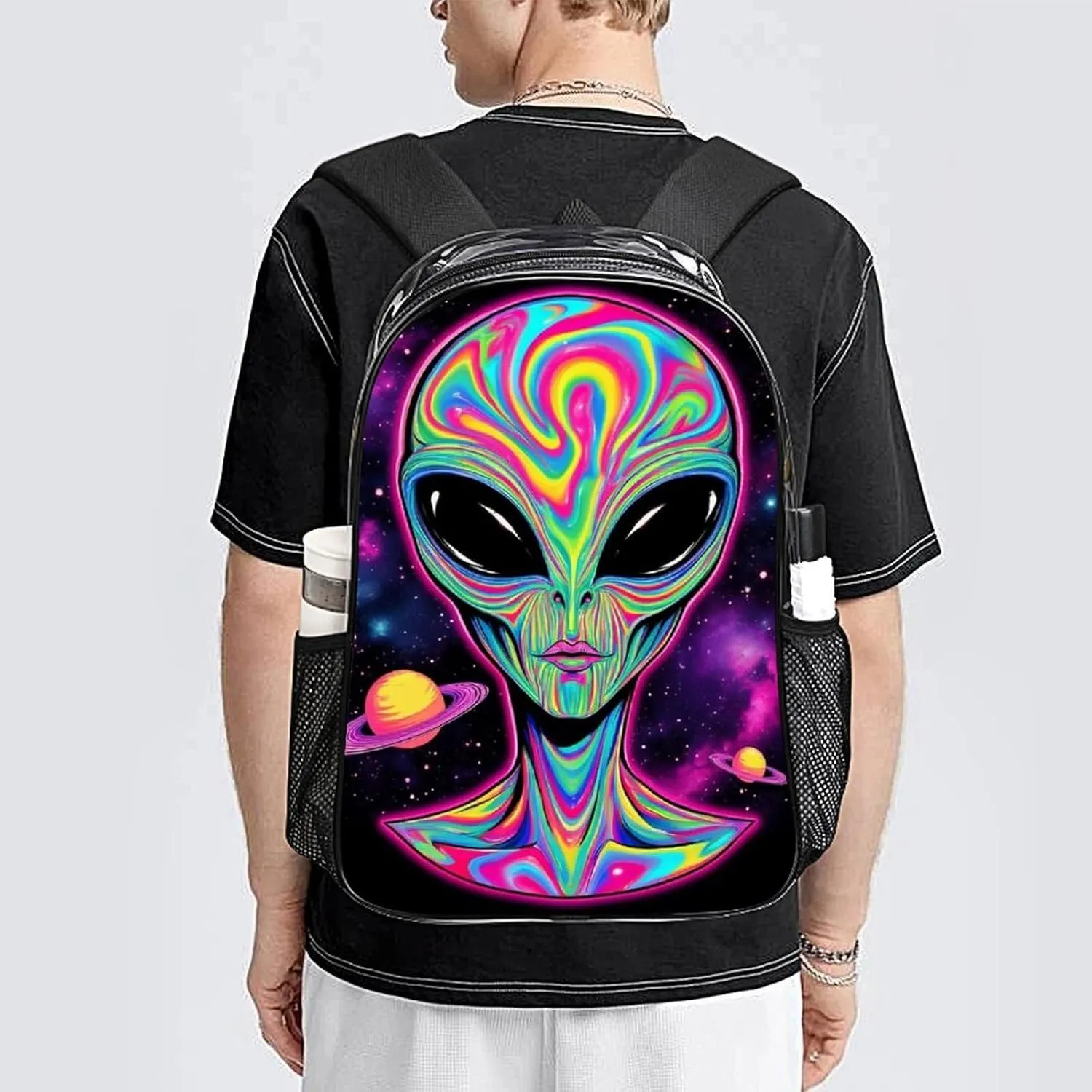Men Women Transparent Alien And Ufo Space Universe Art Daypack Big Capacity Shoulder Bag With Smooth Zippers for Hiking Work Walking Cycling