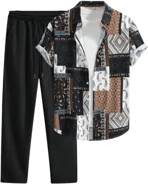 Men's 2 Piece Outfit Paisley Button Down Shirts and Drawstring Waist Pants Tracksuits