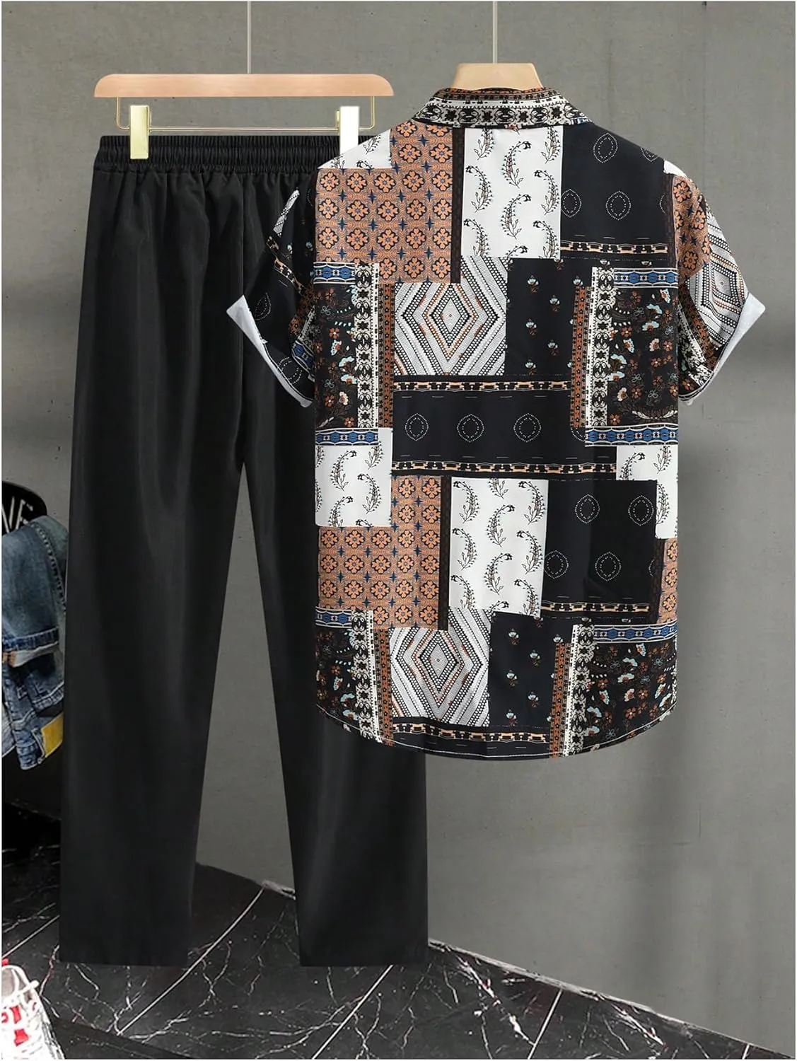 Men's 2 Piece Outfit Paisley Button Down Shirts and Drawstring Waist Pants Tracksuits